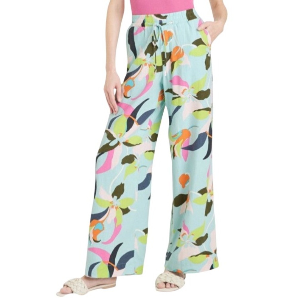 A NEW DAY Pale Blue/Multi LINEN BLEND Leaf Print SIDE POCKETS Wide Leg PANTS M